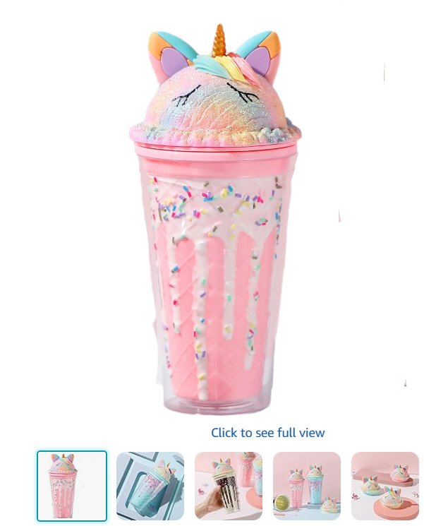 Example product photo of a unicorn-themed tumbler with straw